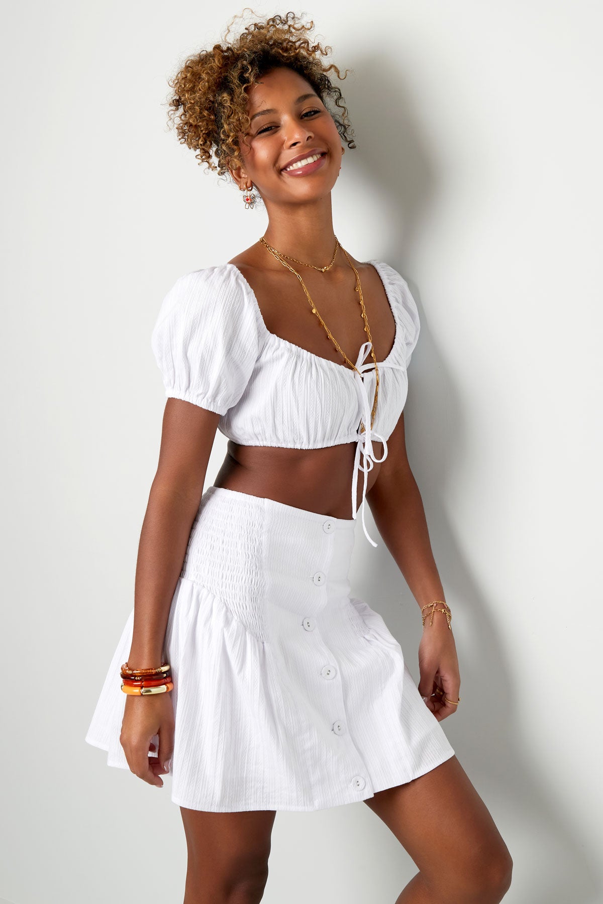 Jupe avec boutons et détail smocké Blanc 