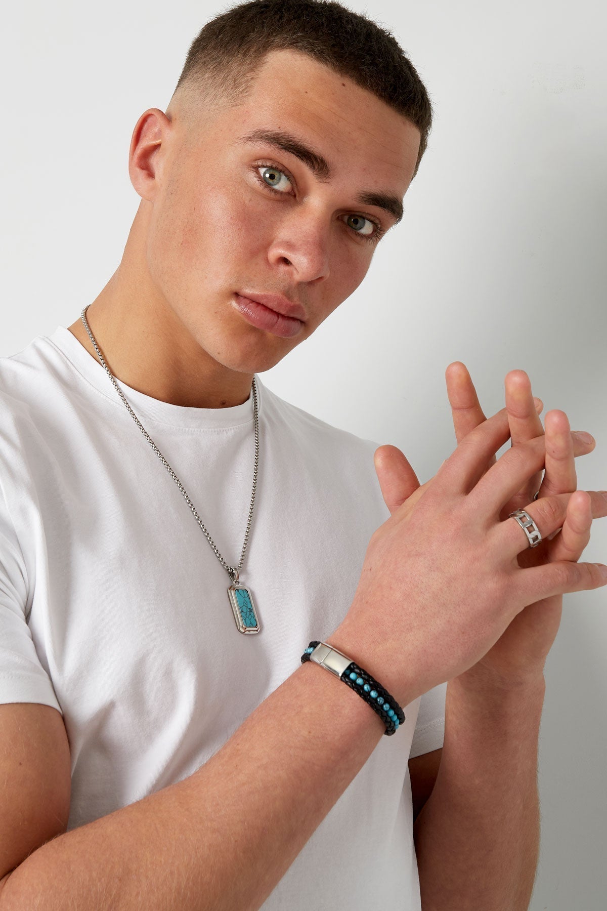 Bracelet double homme tressé avec perles au milieu - Apollodrop