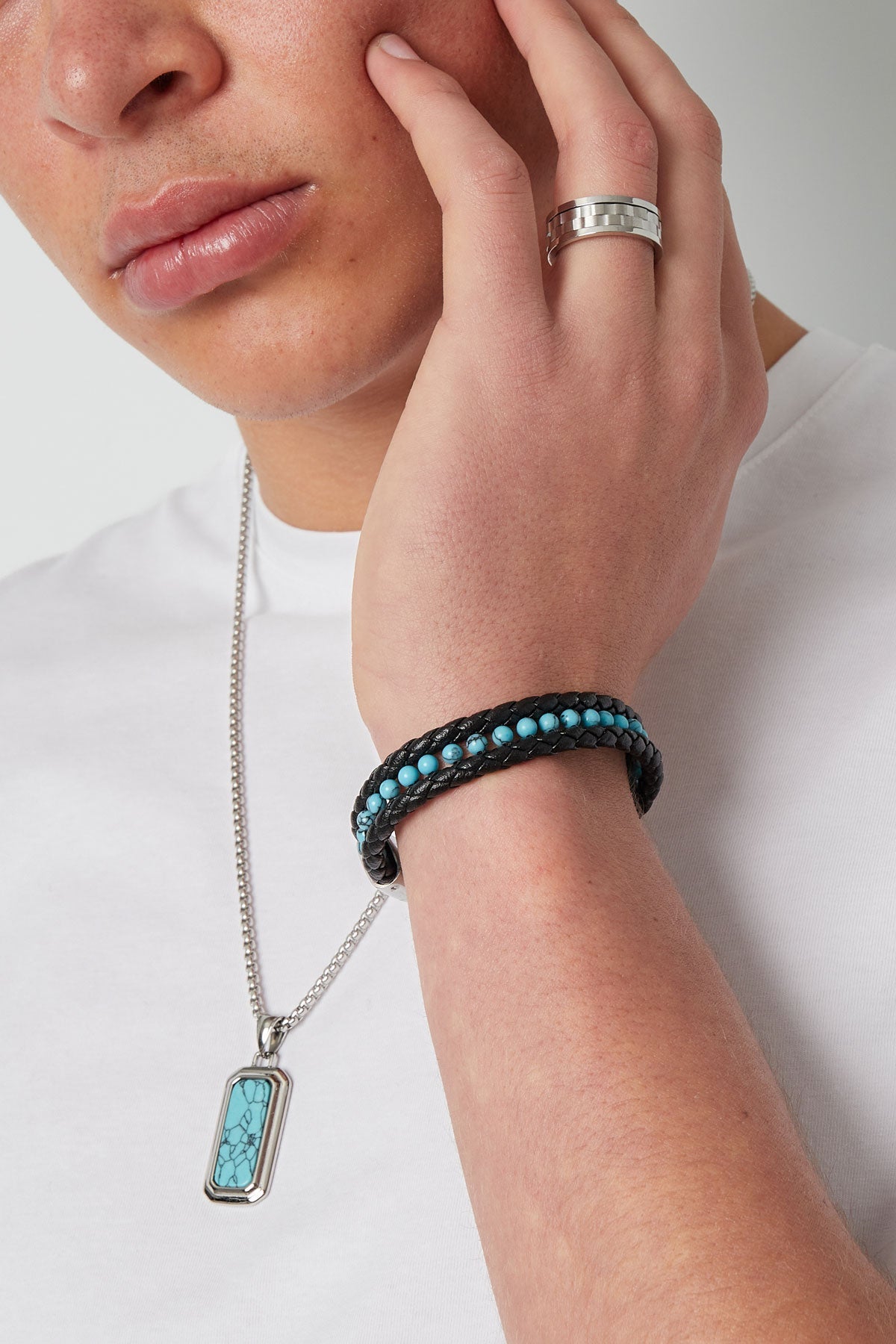 Bracelet double homme tressé avec perles au milieu - Apollodrop