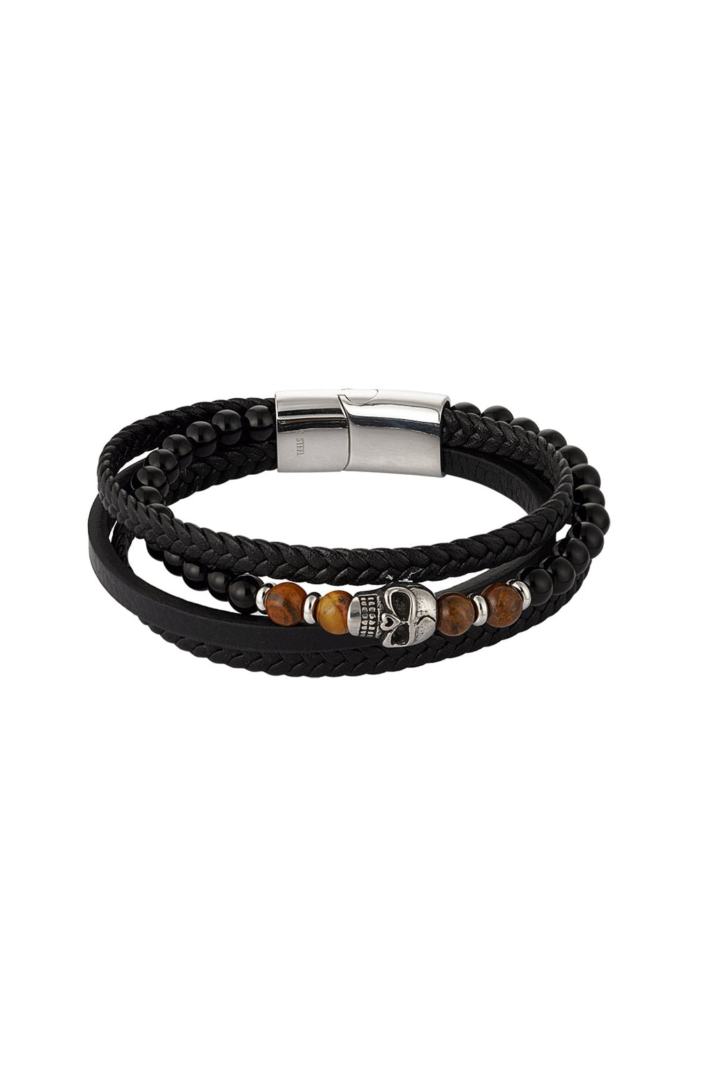 Bracelet pour homme double tressé perles et avec breloque tête de mort - Apollodrop