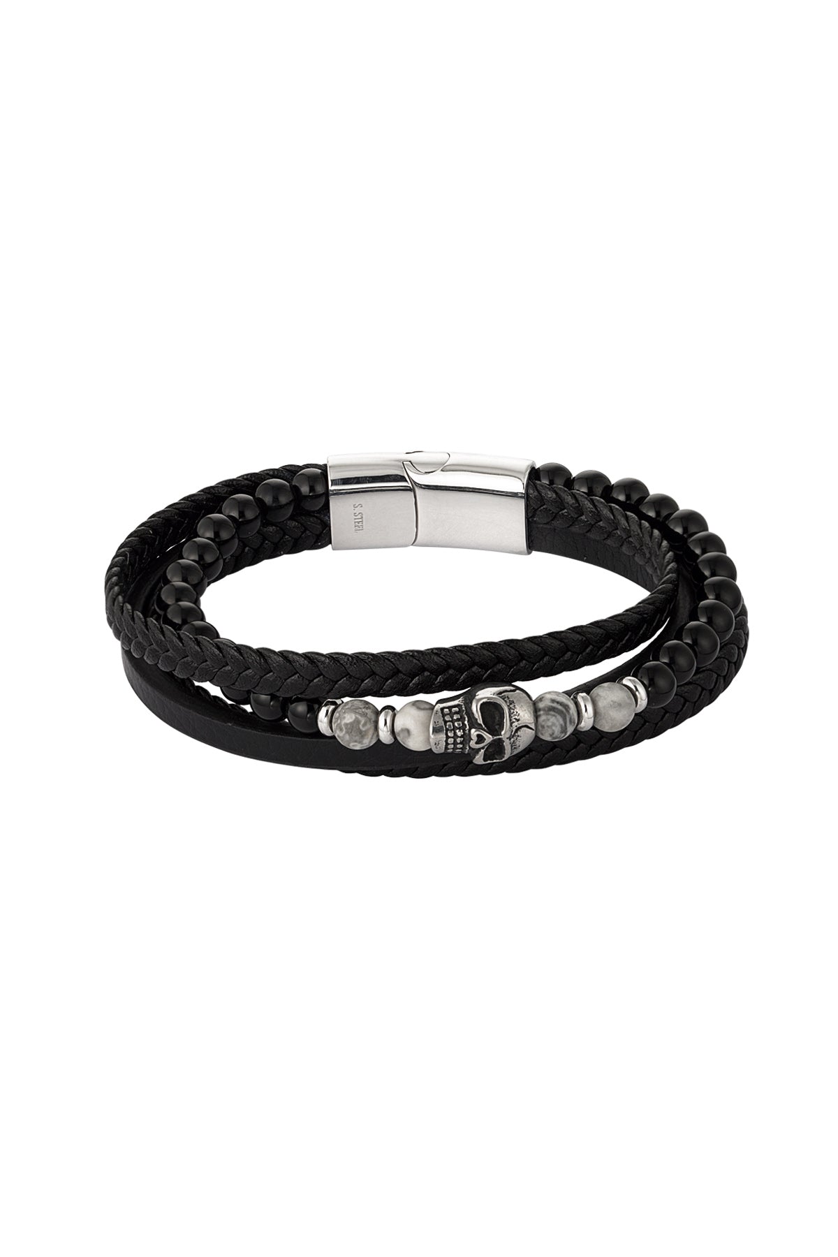 Bracelet pour homme double tressé perles et avec breloque tête de mort - Apollodrop