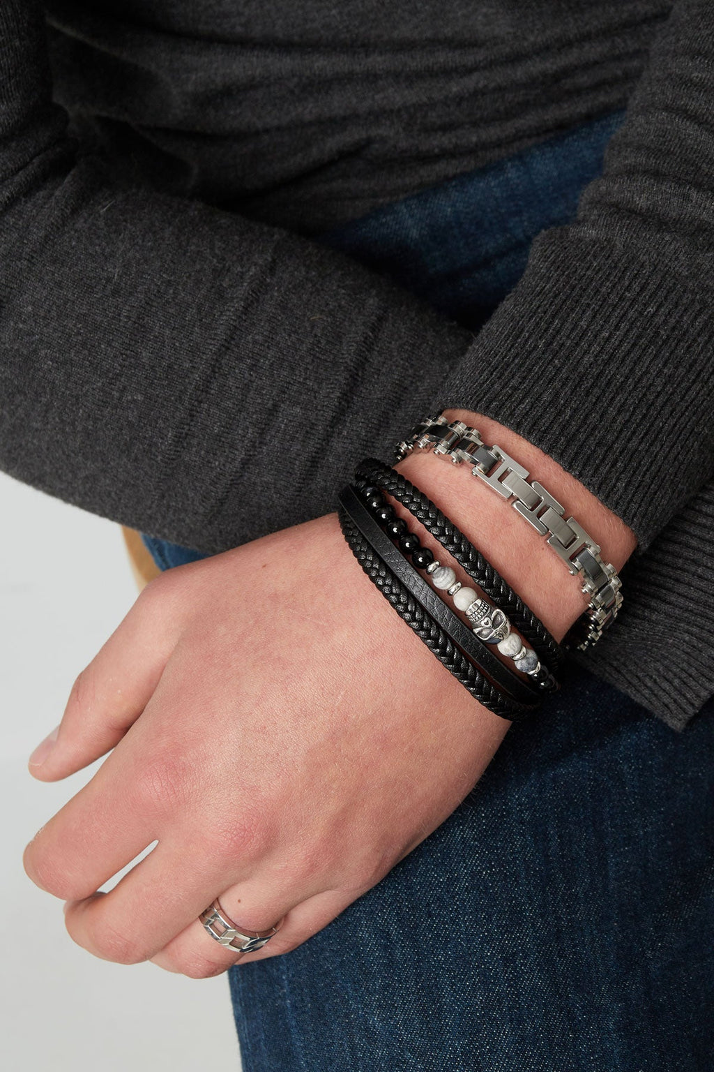 Bracelet pour homme double tressé perles et avec breloque tête de mort - Apollodrop