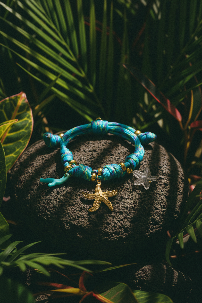 Bracelet Club Spice corde étoile de mer — porté main feuille bananier