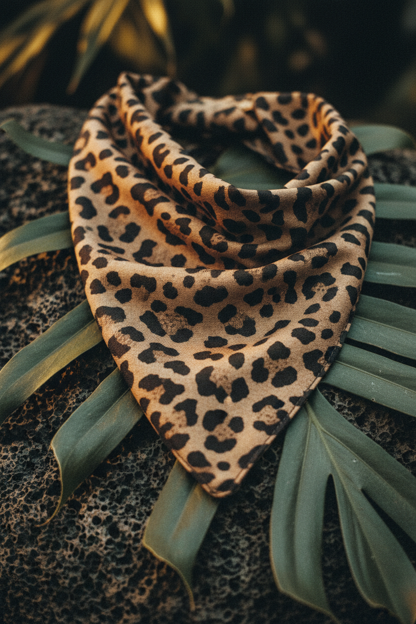 Macro détail du motif animalier brun du bandana Gimme sur surface naturelle