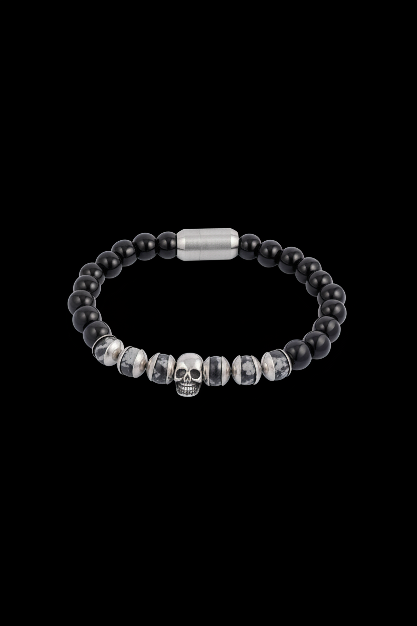Bracelet VELKA perles skull — macro détail skull beads
