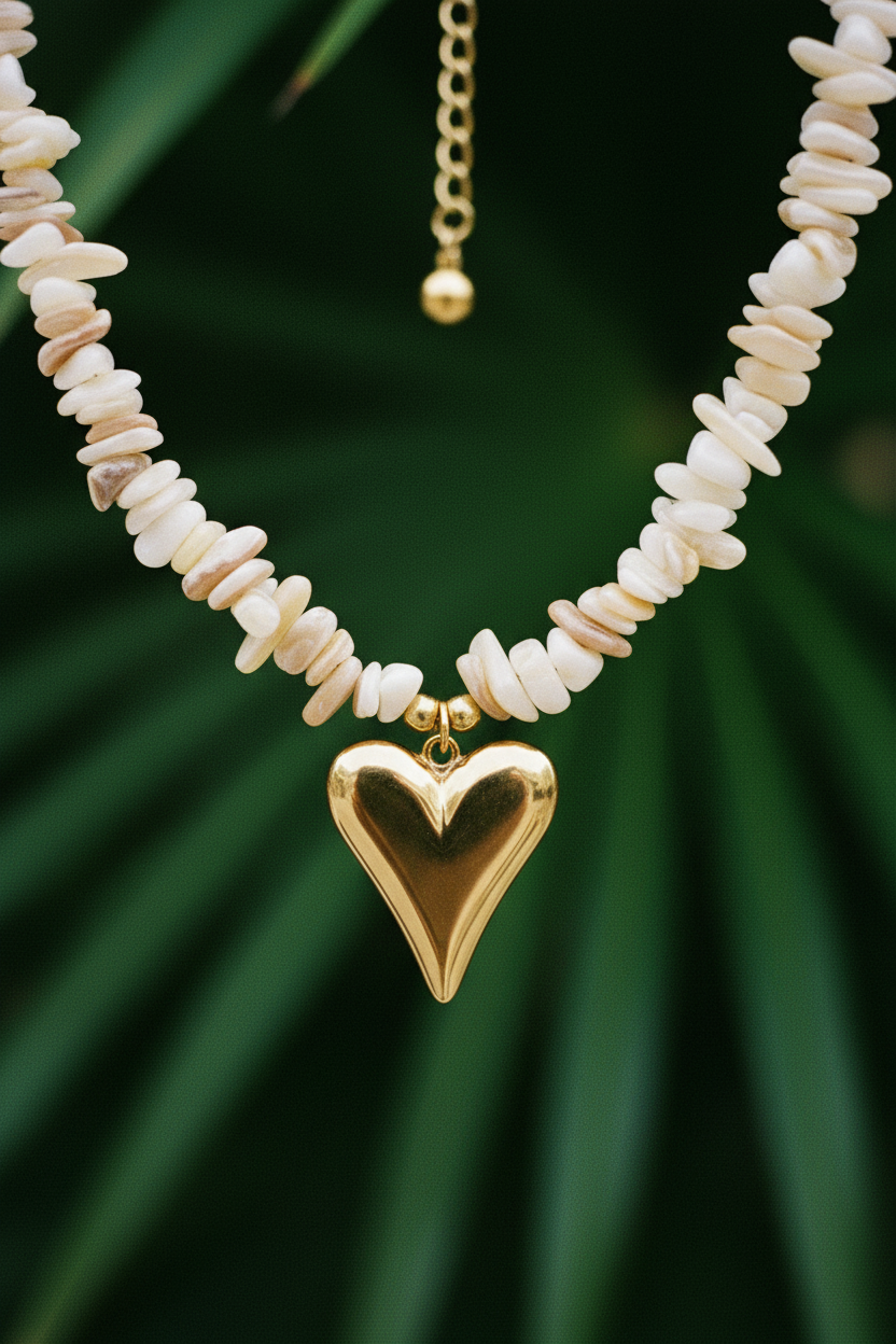 Tropiques Sauvages® – Collier Perles Cœur Tropical, macro détail pendentif doré
