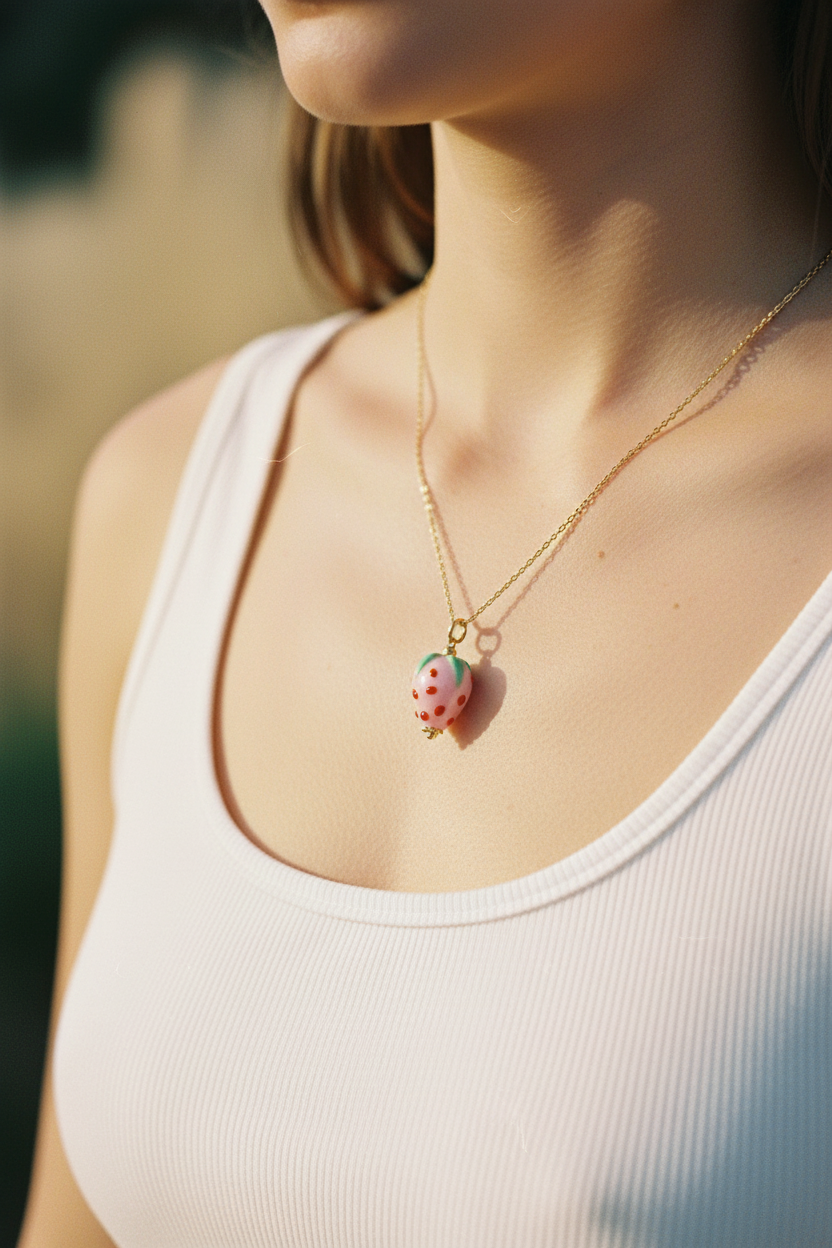Charme fraise porté en collier