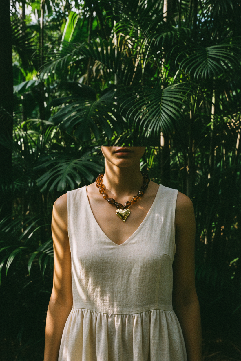 Collier Lumé perles naturelles cœur — porté jungle