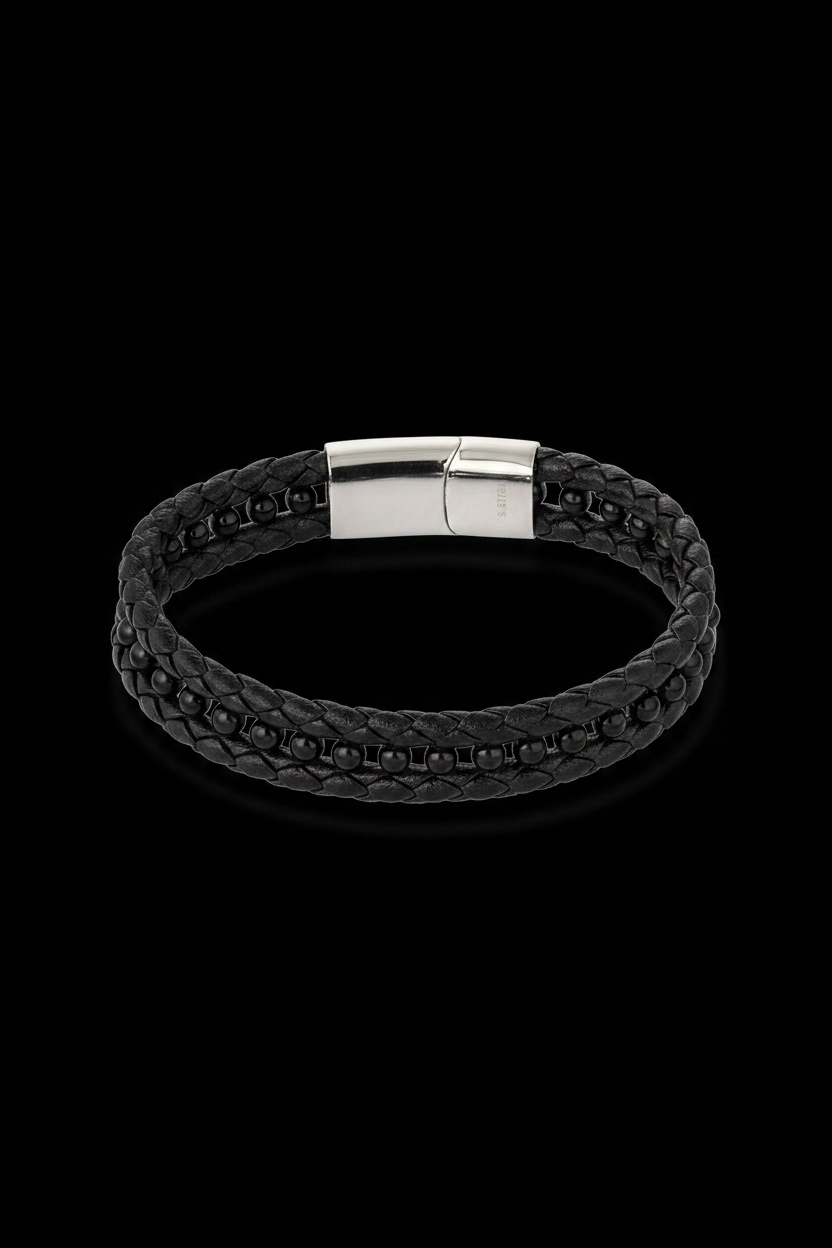 Bracelet VELKA double tressé perles milieu — macro détail