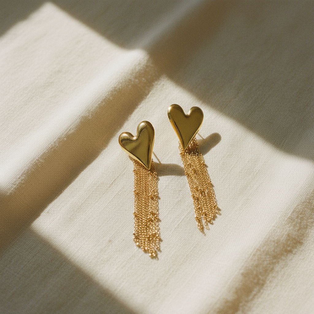 Boucles cœur doré — flat lay lin