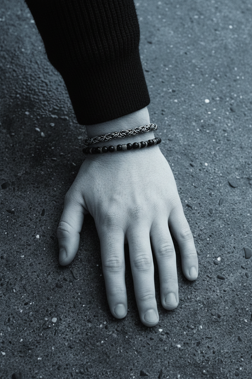 Bracelet VELKA nexus argent noir — lifestyle béton col roulé