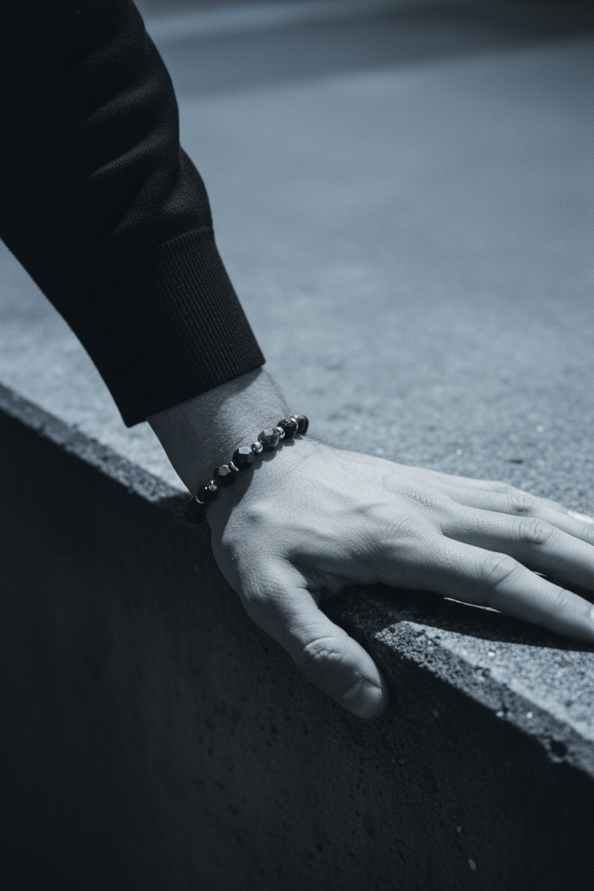 Bracelet VELKA perles monochrome — lifestyle béton col roulé