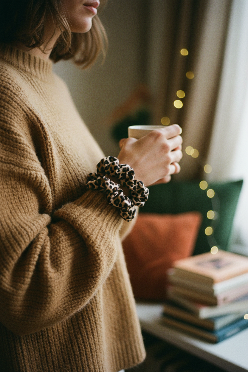 Chouchou marron noir — pull camel, poignet