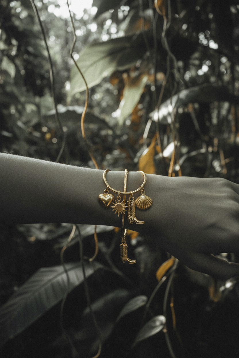 Bracelet charms cœur et soleil doré porté en jungle tropicale - Lili June® Tropiques Sauvages