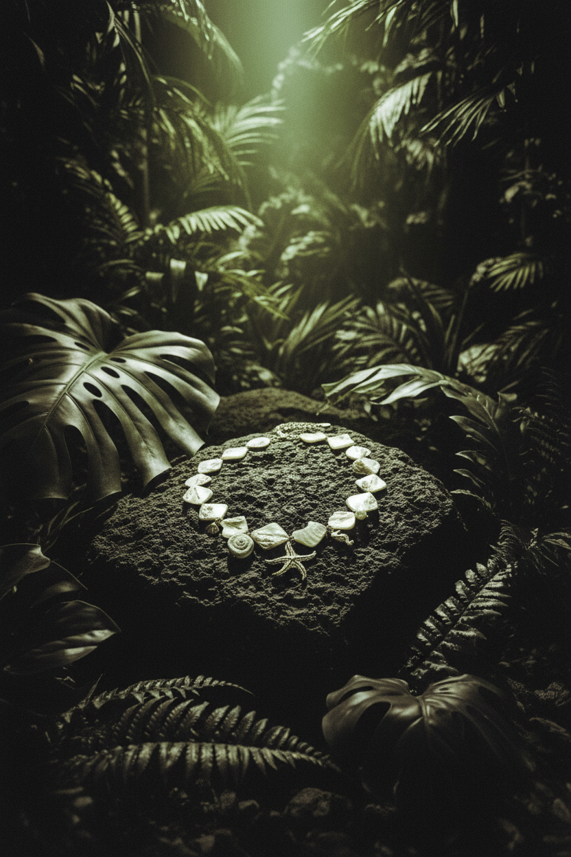 Collier Lumé coquillages breloques perles dorées — still life pierre volcanique