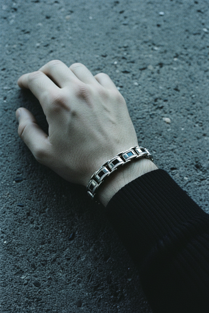 Bracelet VELKA casual noir argent — lifestyle béton col roulé