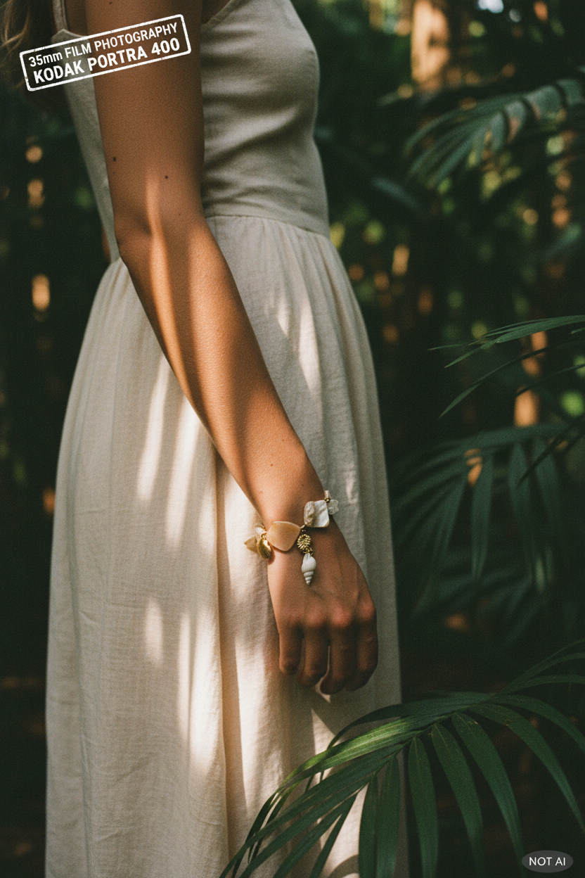 Bracelet Lumé beige coquillages — porté jungle