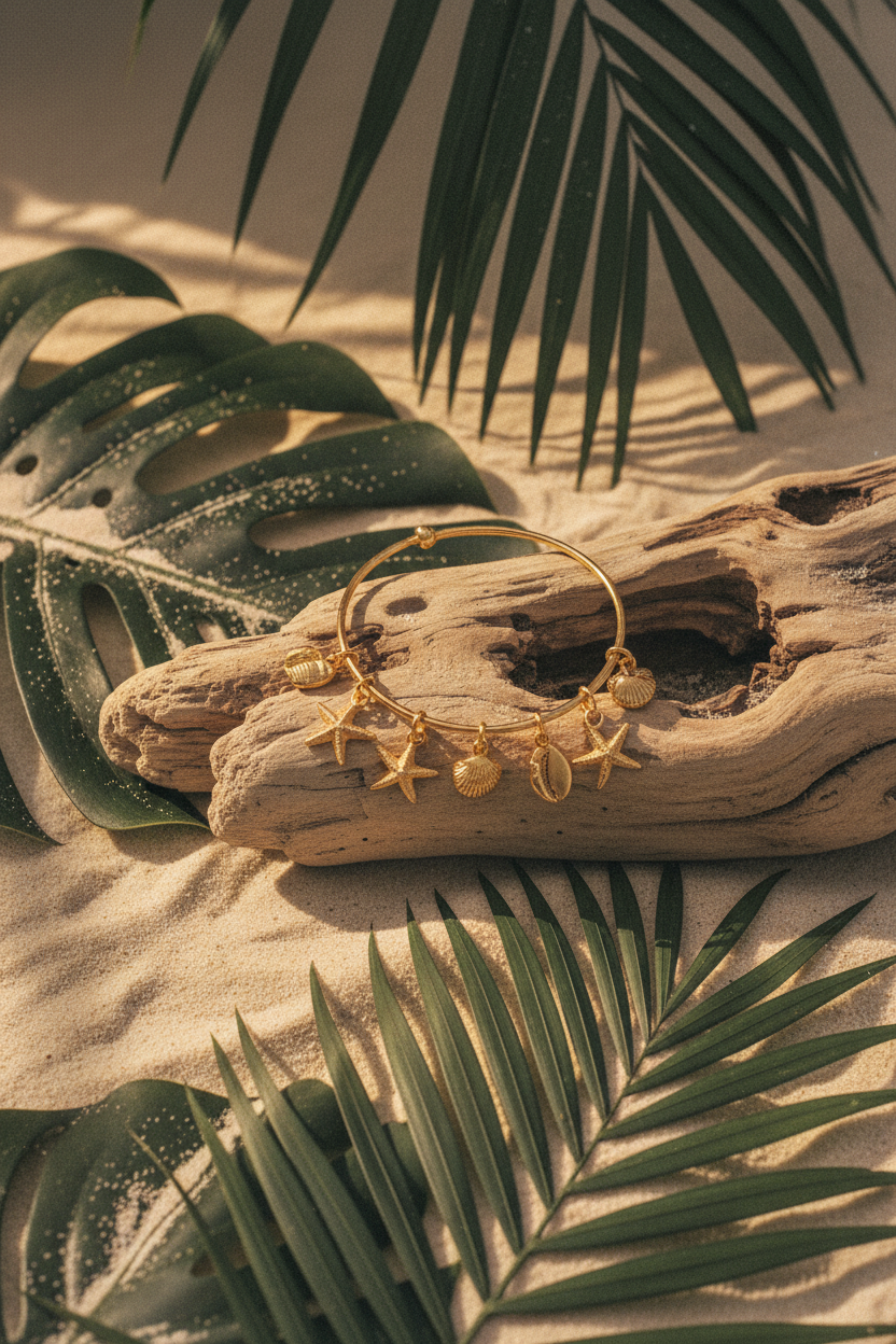 Still life bracelet étoile de mer sur bois flotté tropical - Lili June® Tropiques Sauvages