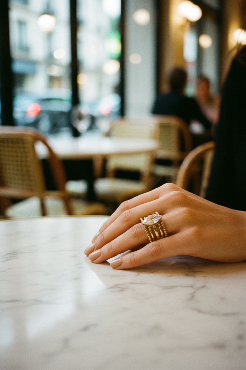 Bague pierres serties — main sur marbre