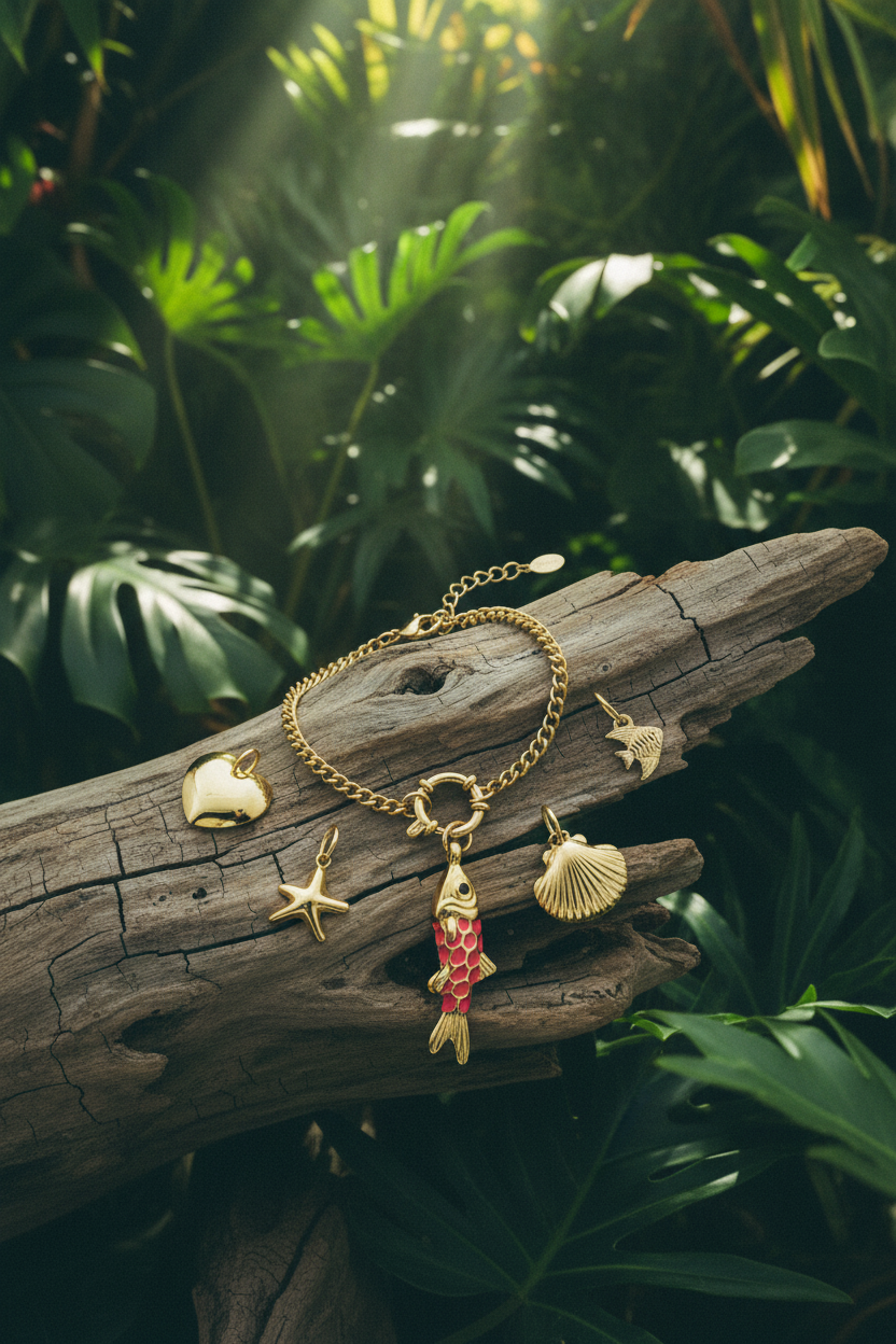 Bracelet charm poisson émail rose drapé sur bois flotté en décor jungle