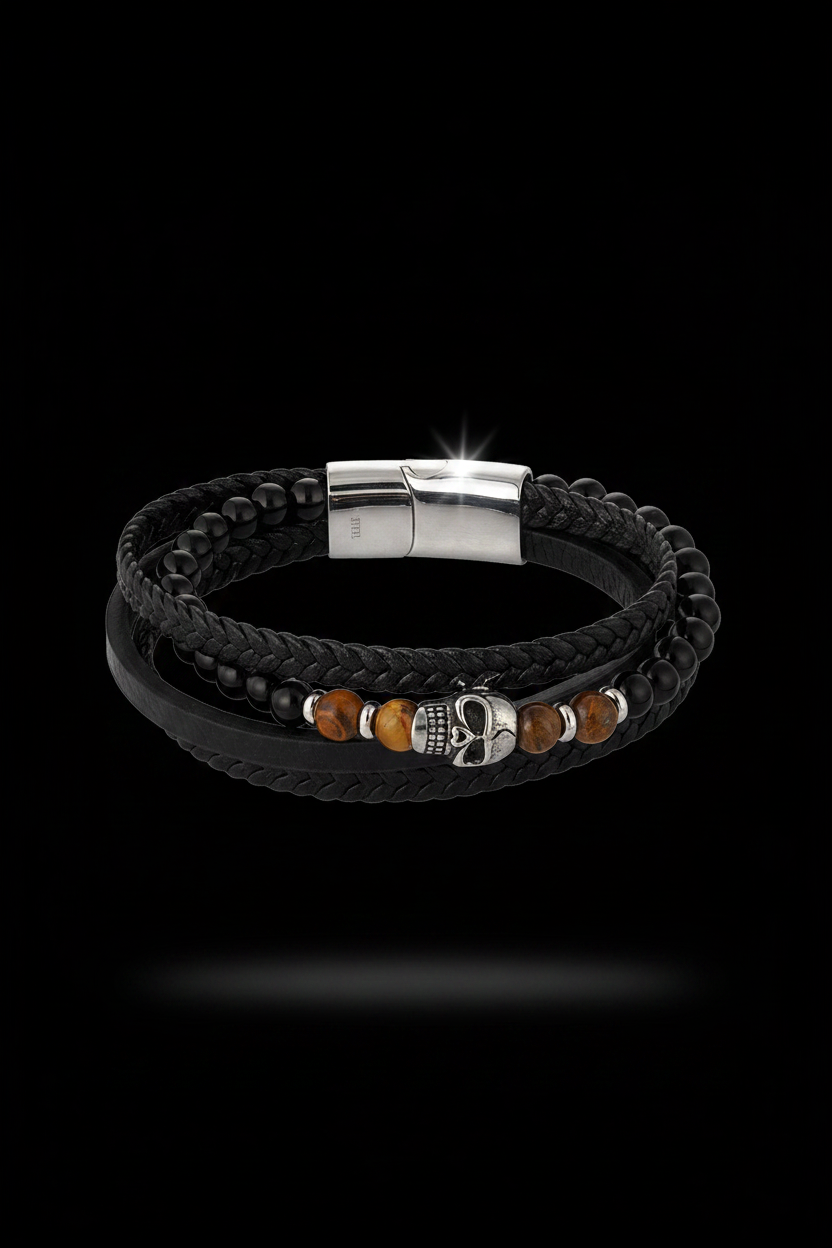 Bracelet VELKA double tressé tête de mort — lévitation horizontal