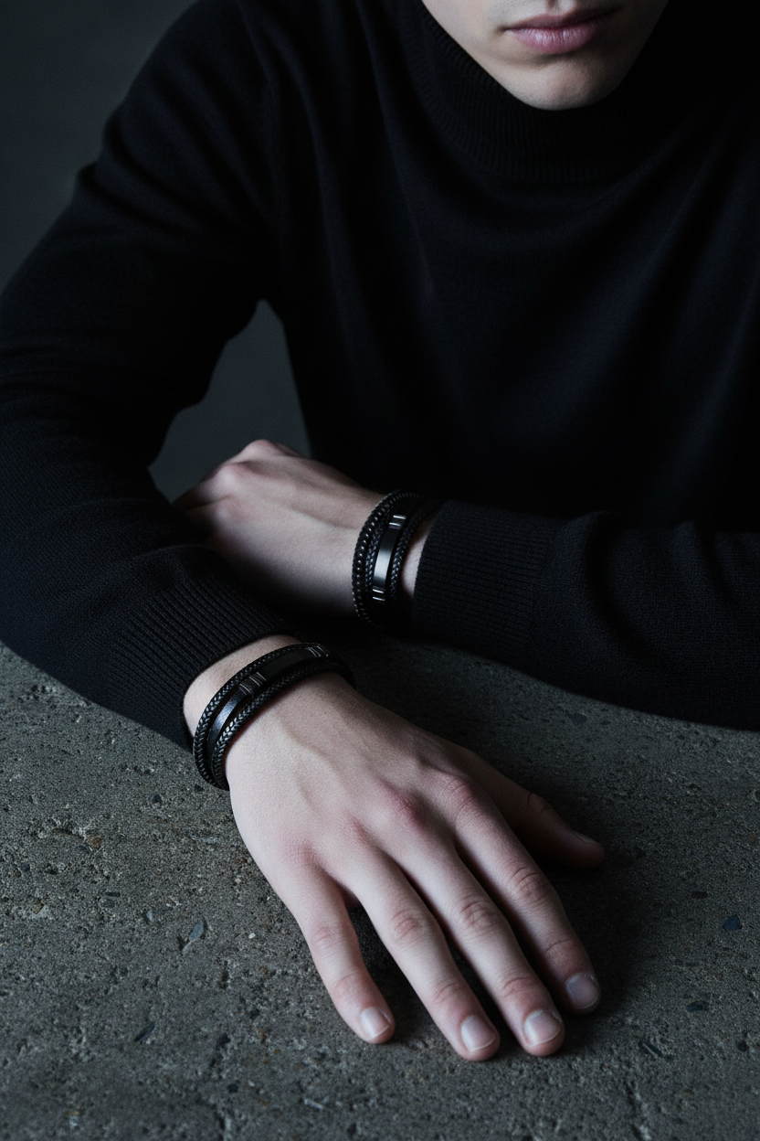 Bracelet VELKA double tressé casual — lifestyle béton col roulé