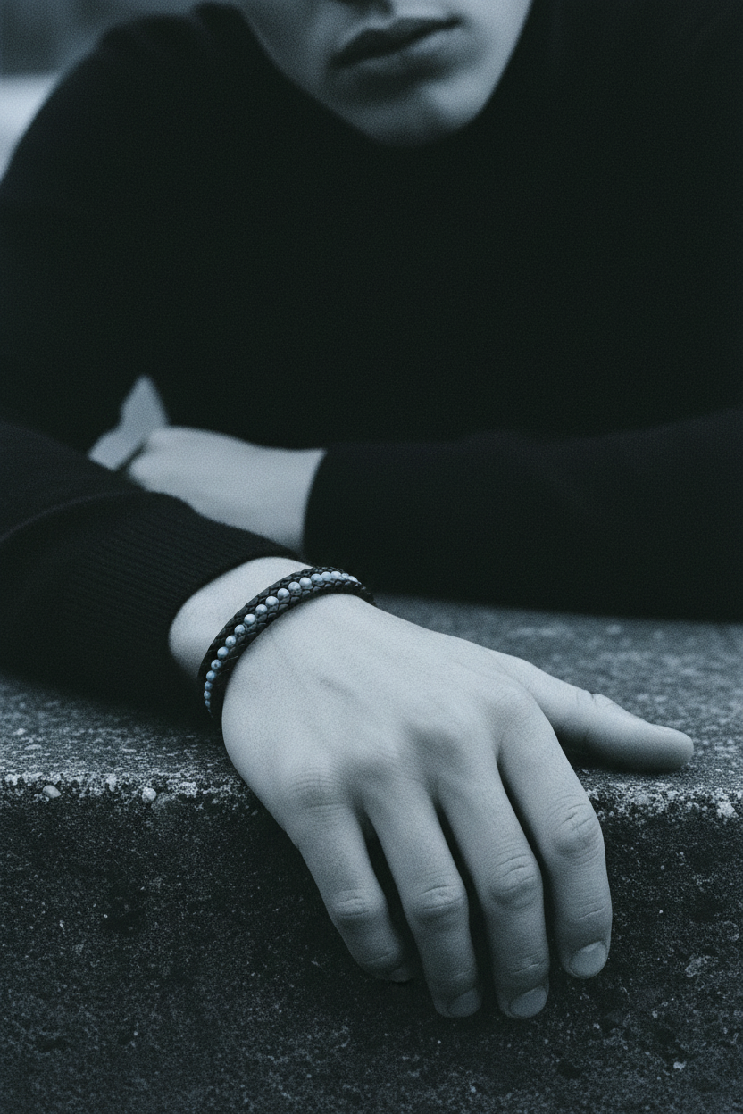 Bracelet VELKA double tressé perles milieu — lifestyle béton col roulé