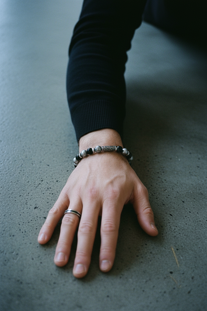 Bracelet VELKA perlé argenté — lifestyle béton col roulé