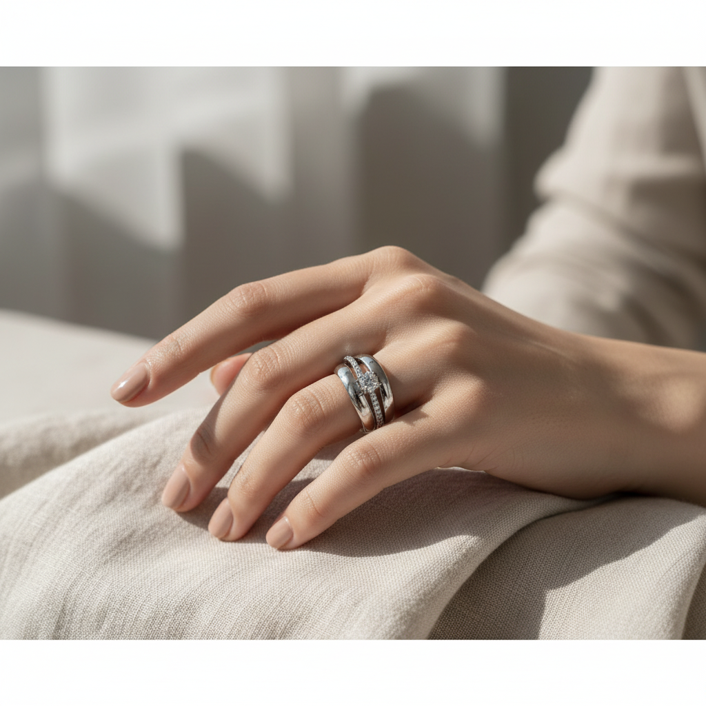 Bague multi-rangs argent sur tissu lin, lifestyle chic