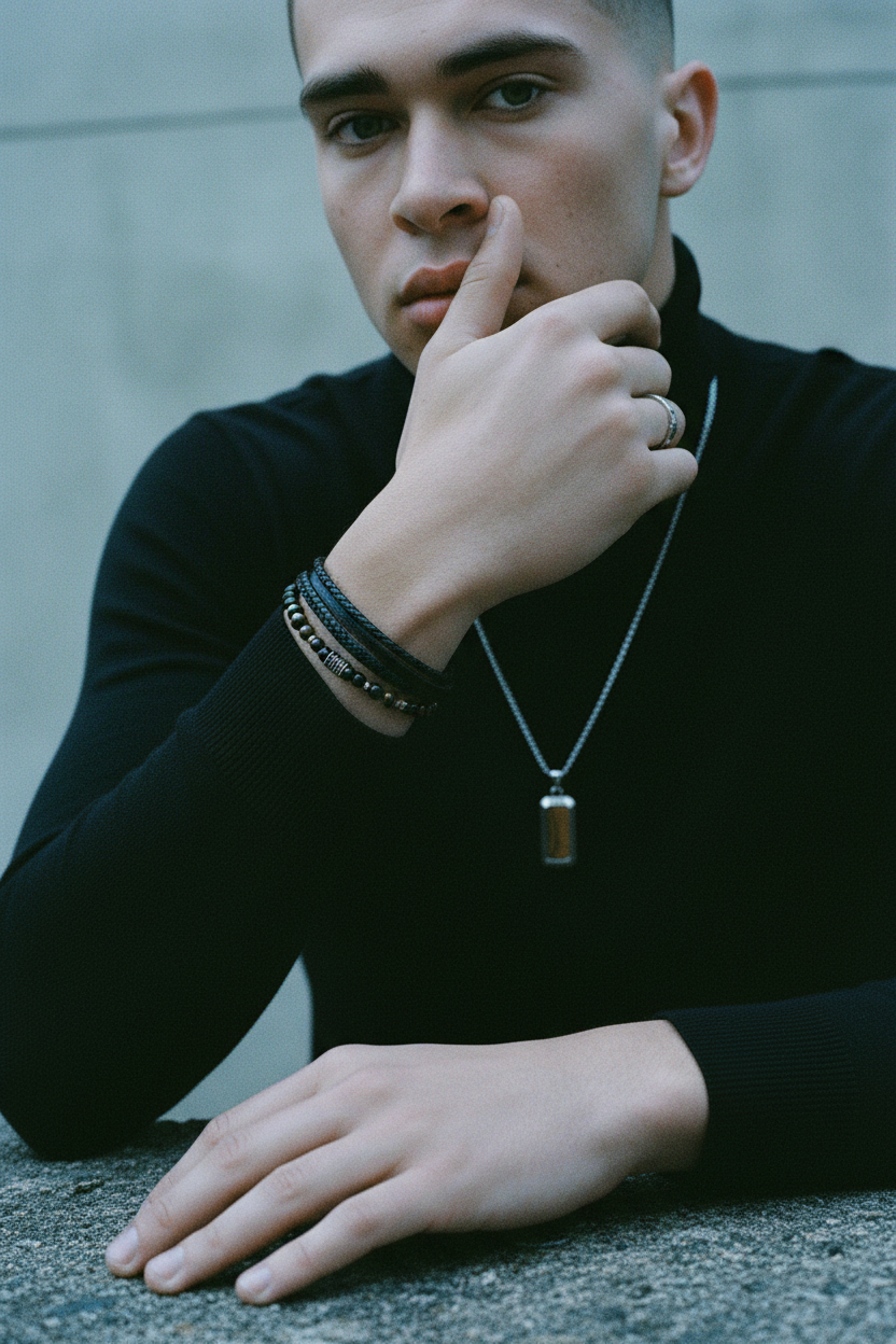 Bracelet VELKA double tressé perles — lifestyle béton col roulé