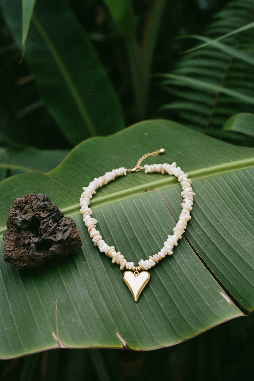 Tropiques Sauvages® – Collier Perles Cœur Tropical, still life feuille bananier