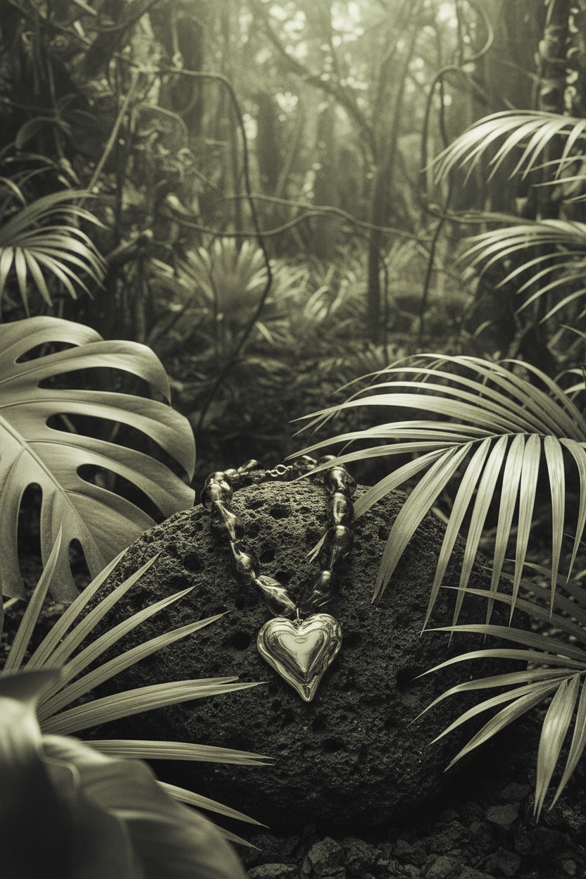 Collier Lumé perles naturelles cœur — still life pierre volcanique