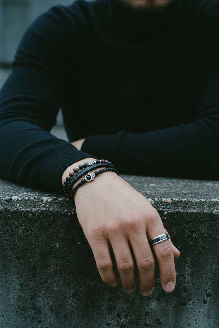 Bracelet VELKA double breloque argent noir — lifestyle béton col roulé