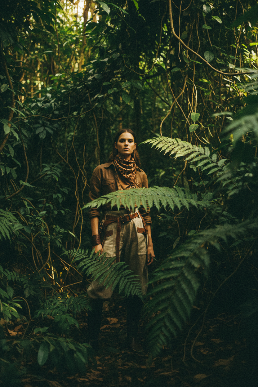 Bandana imprimé animalier Gimme porté par une femme en jungle tropicale