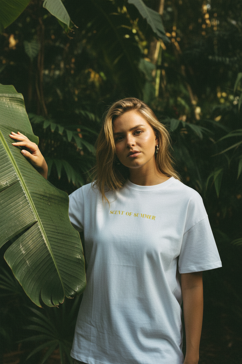 T-shirt Gimme casual blanc — main feuille bananier