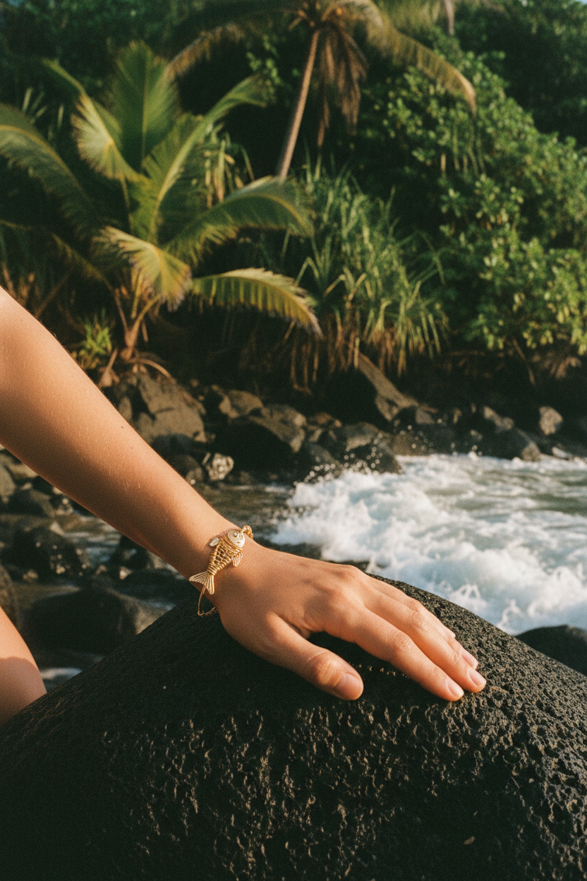 Main femme avec bracelet poisson sur pierre volcanique - Lili June® Tropiques Sauvages