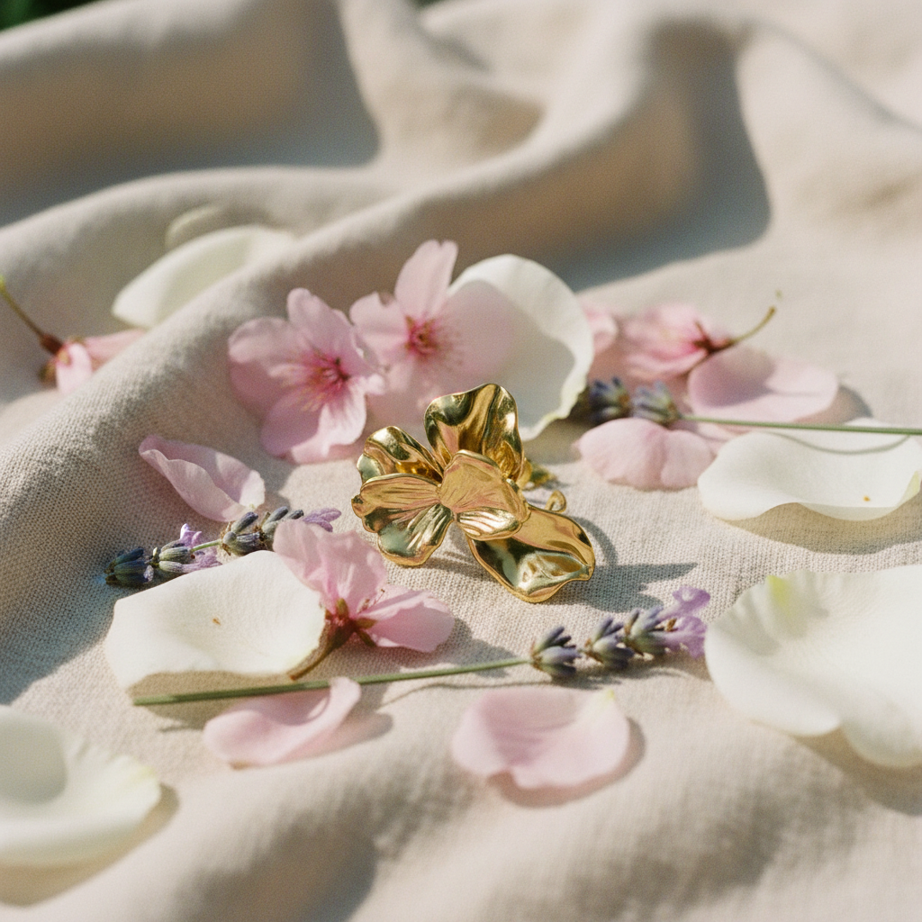 Bague florale — flat lay pétales lin