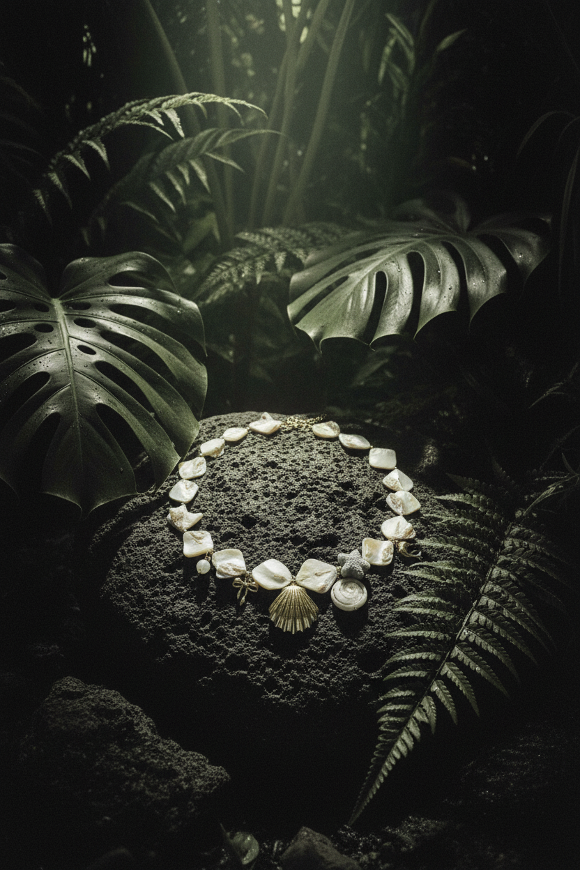Collier Lumé coquillages perles — still life pierre volcanique