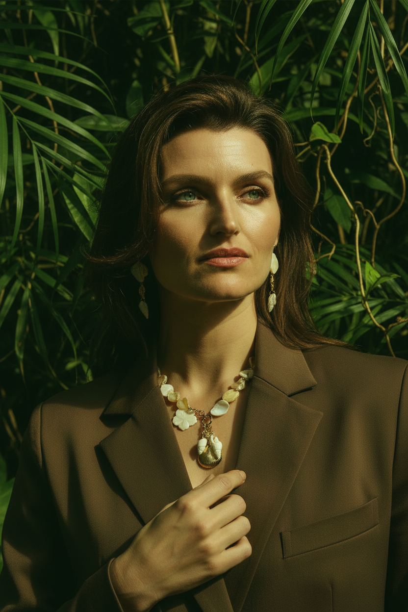 Collier Lumé perles coquillages — porté main jungle