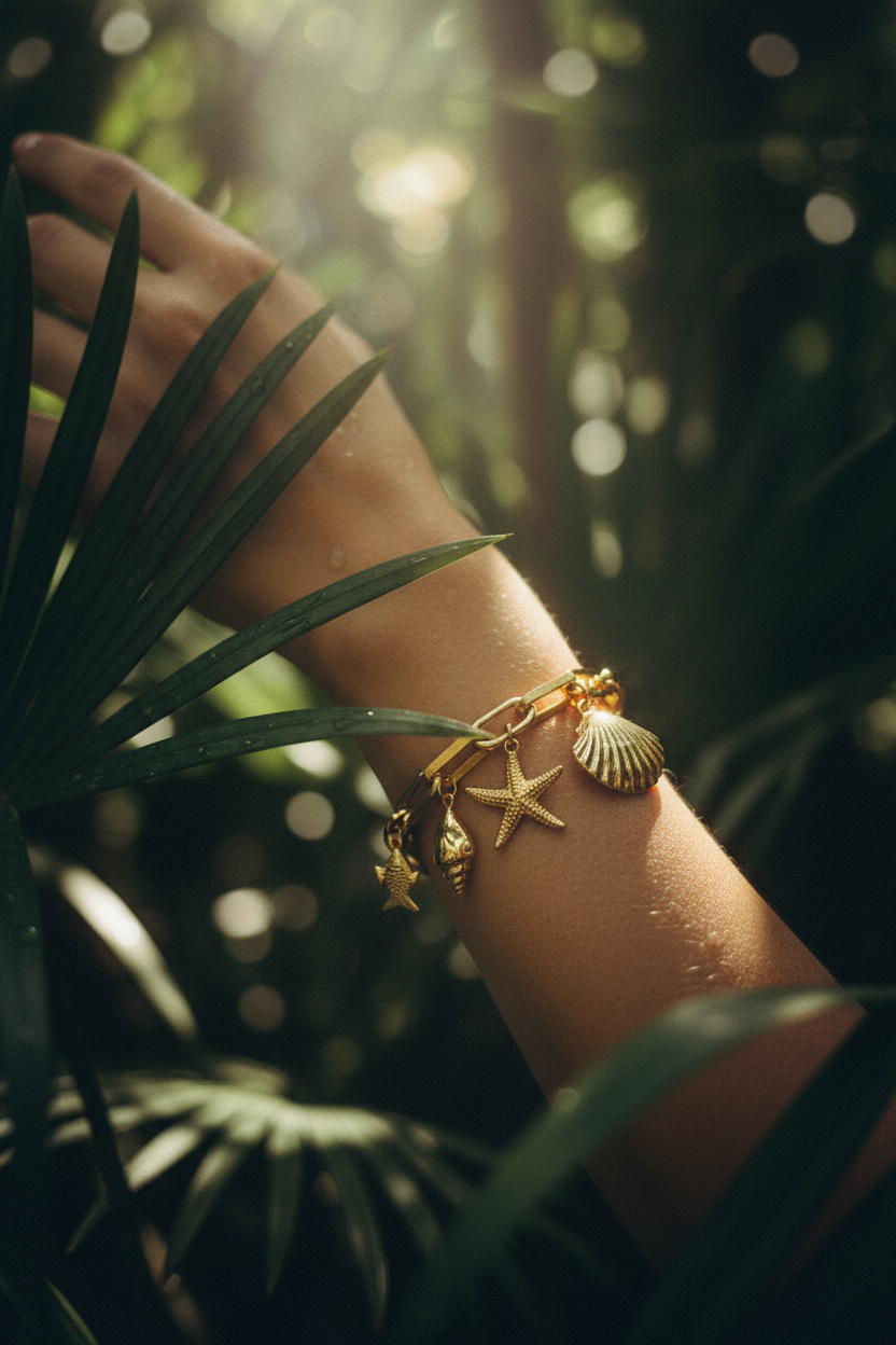 Bracelet étoile de mer DIY doré porté en jungle tropicale - Lili June® Tropiques Sauvages