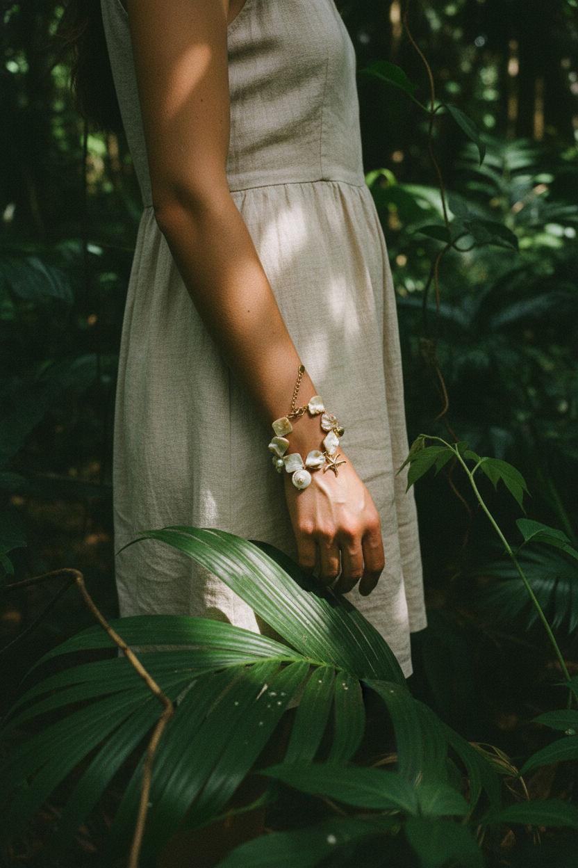Bracelet Lumé coquillages perles dorées — porté jungle
