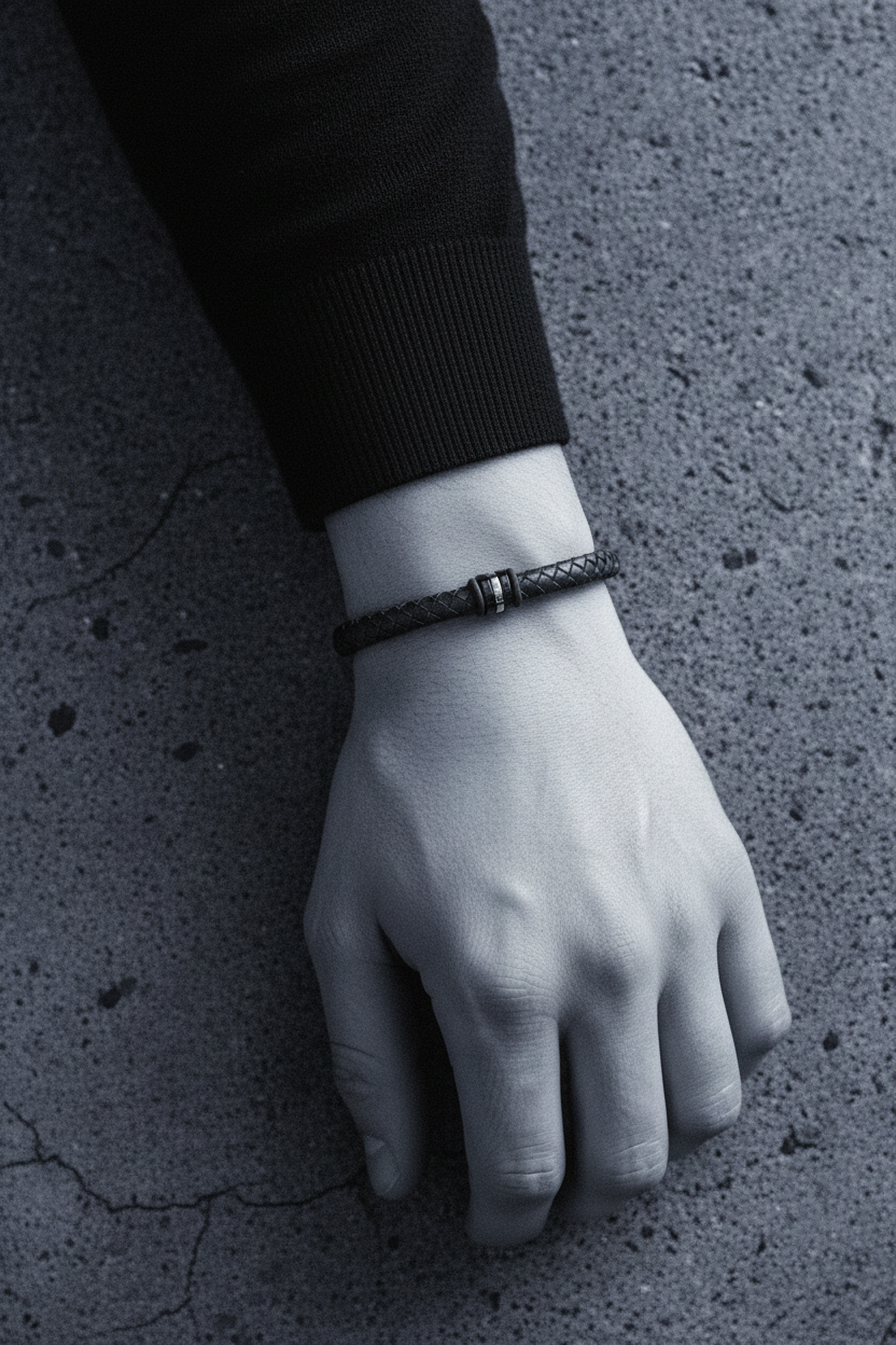 Bracelet VELKA tressé anneaux dorés — lifestyle béton col roulé