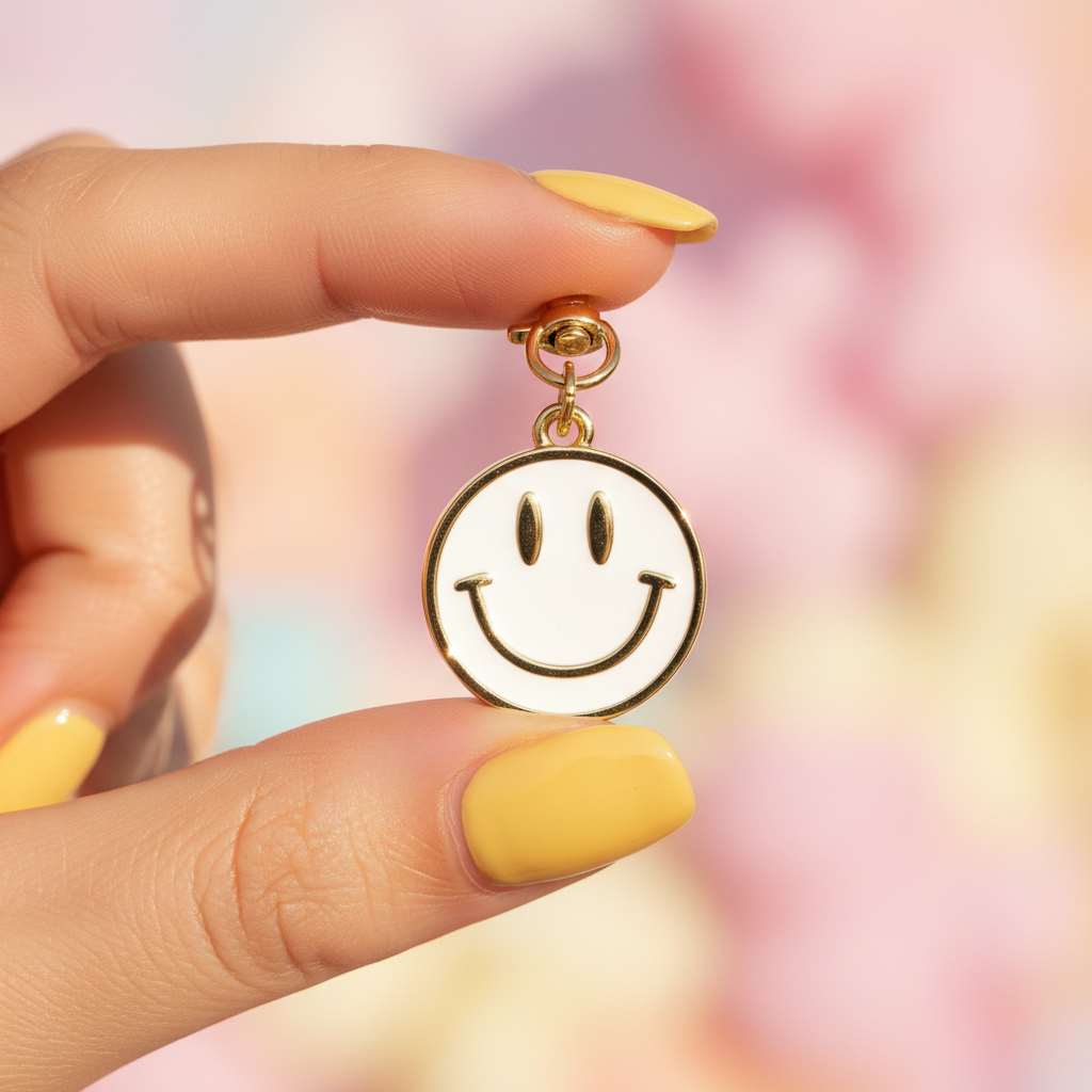 Charms smiley tenu entre les doigts