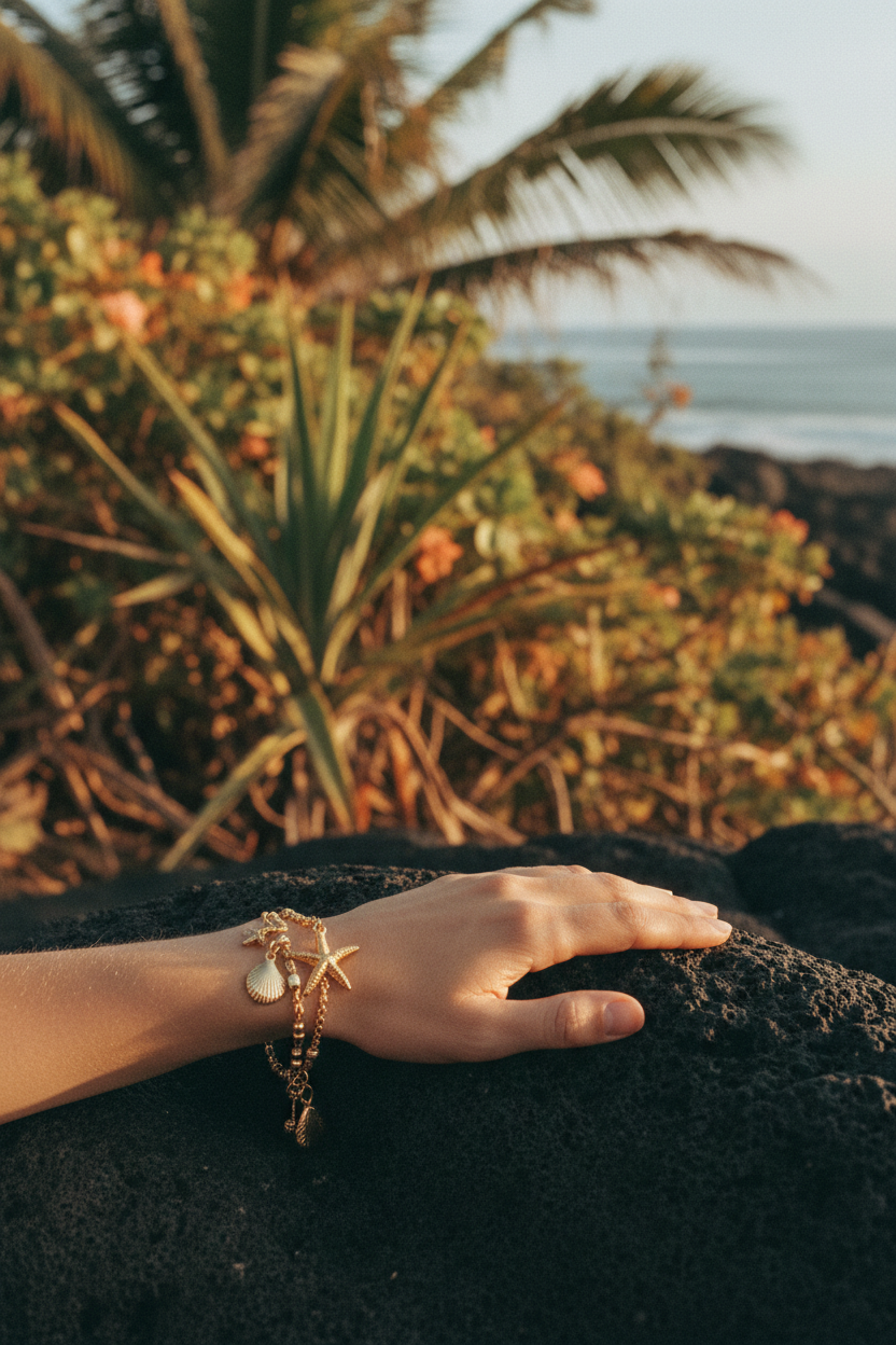 Main femme avec bracelet étoile de mer sur pierre volcanique - Lili June® Tropiques Sauvages