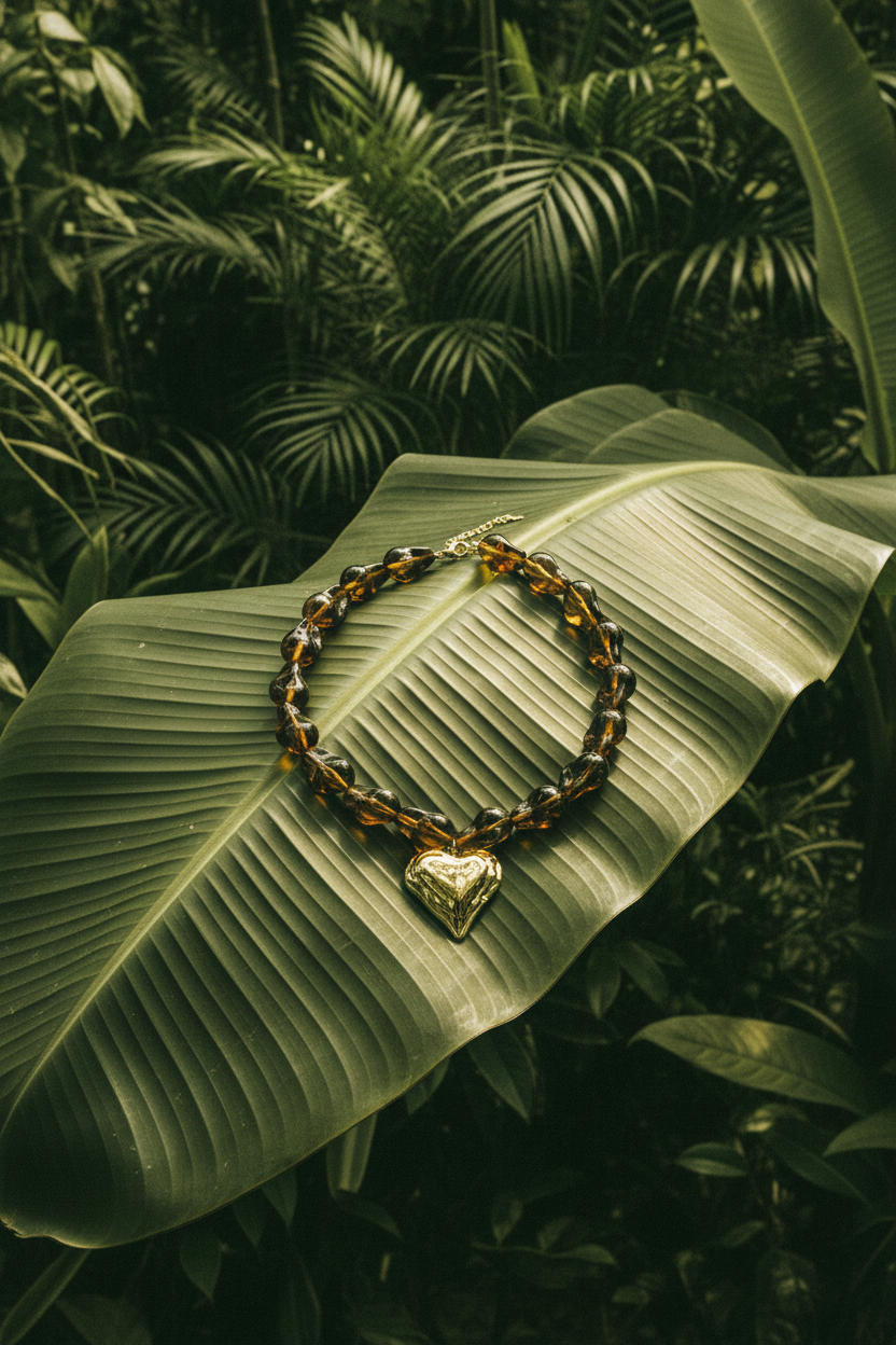 Collier Lumé perles naturelles cœur — couverture hero feuille bananier