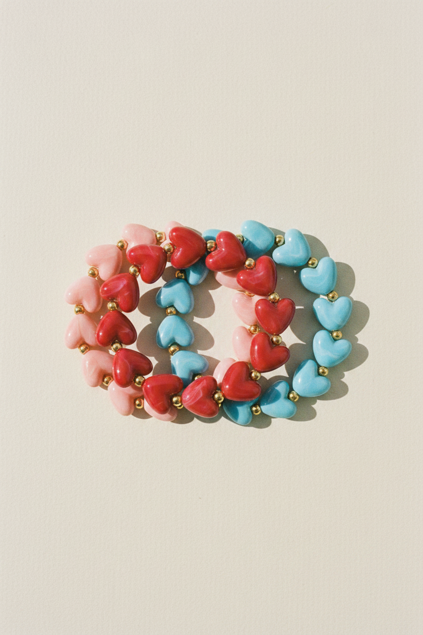 Flat lay 3 coloris bracelet cœur sur papier crème