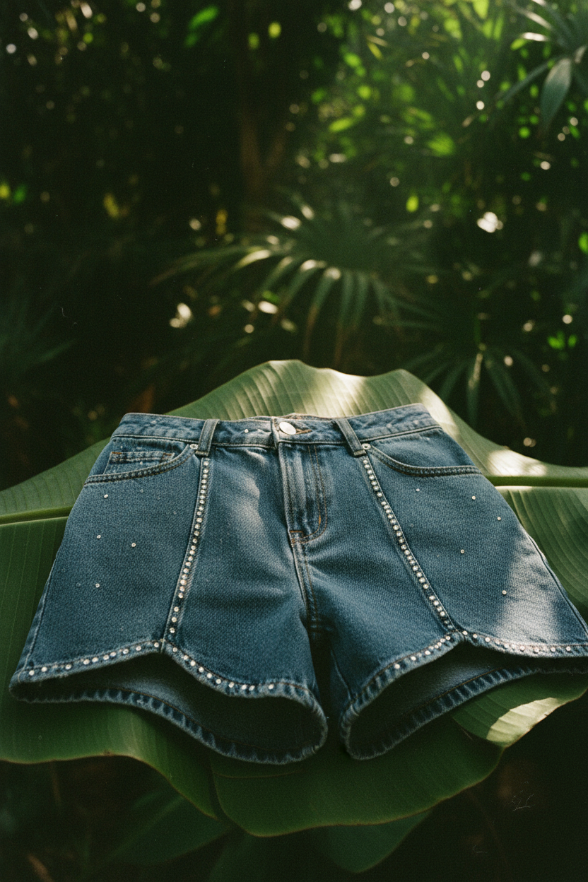 Short Gimme jean strass — macro détail strass