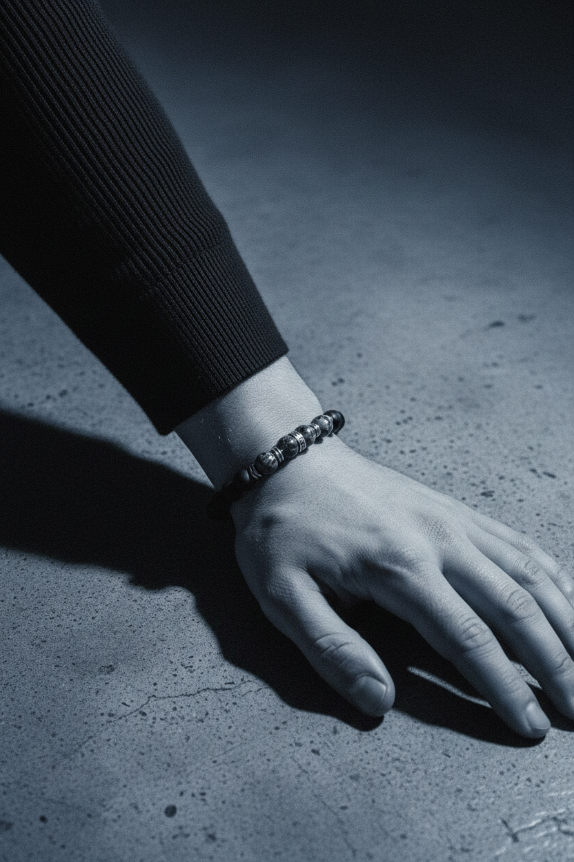 Bracelet VELKA perles marron noir — lifestyle béton col roulé