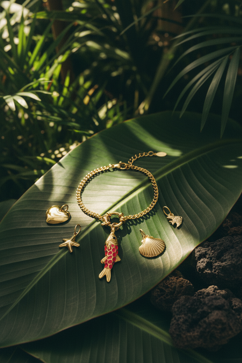 Kit bracelet poisson Lili June posé sur feuille de bananier et pierre volcanique