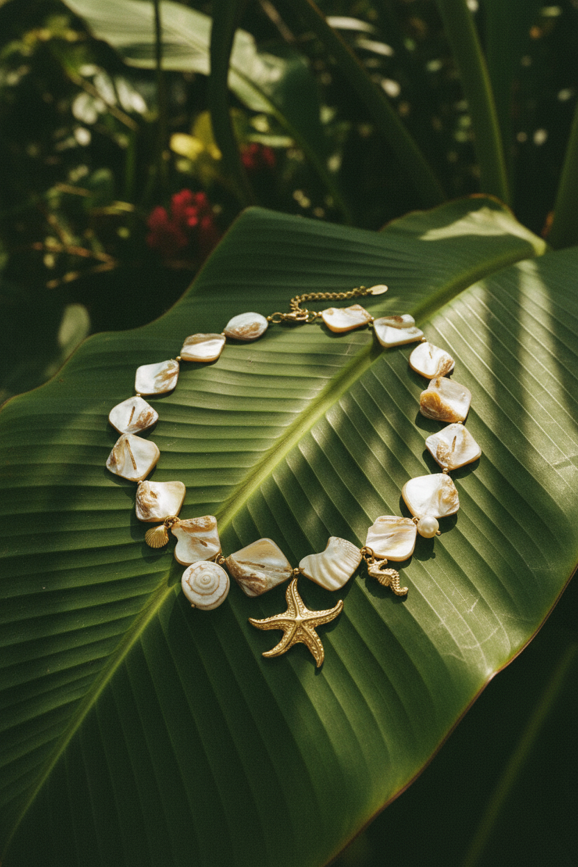 Collier Lumé coquillages breloques perles dorées — macro détail